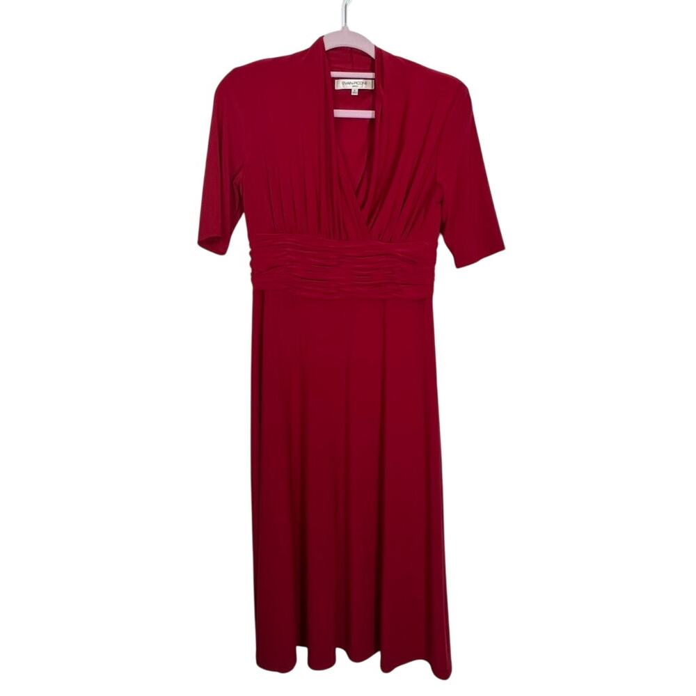 Evan-Picone Red 3/4" Sleeve Rusched Empire Waist A-line Stretchy Dress Size 6